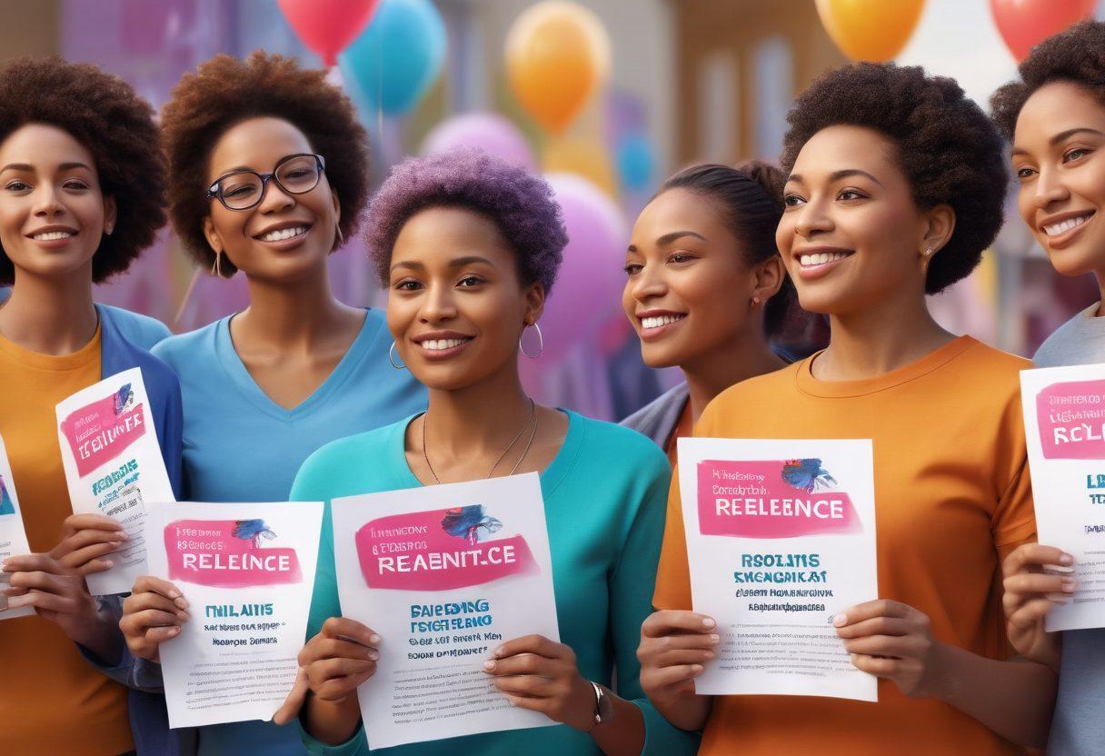 An inspiring scene depicting a diverse group of people engaged in a supportive community environment, sharing their stories of hope and resilience while holding informative pamphlets about carcinoma awareness. Include elements such as vibrant banners highlighting key treatments and awareness slogans. The setting should be bright and uplifting, symbolizing empowerment and collaboration. super-realistic. vibrant colors. 3D.