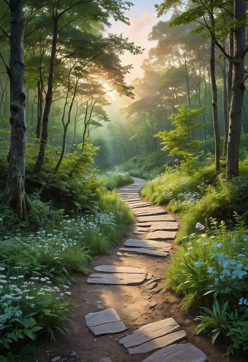 A serene landscape with a winding path leading through a lush green forest, symbolizing the journey of recovery. Along the path, subtle signs of support like a guiding light and comforting hands intertwined with blooming flowers, representing expert advice and care. The sky is painted with soft hues of sunrise, evoking hope and renewal. super-realistic. vibrant colors. tranquil atmosphere.
