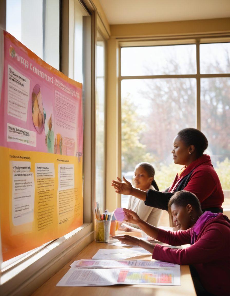 A diverse group of community members engaged in an interactive cancer education workshop, with a focus on unity and support. Various informational posters about cancer prevention and support resources are displayed around them. Include a bright atmosphere symbolizing hope and empowerment, with a soft sunlight filtering through a window. The scene should convey a sense of community spirit and collaboration. vibrant colors. super-realistic.